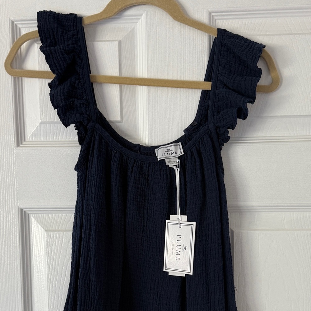 Petite-Plume Navy Ruffle Sleeve Dress